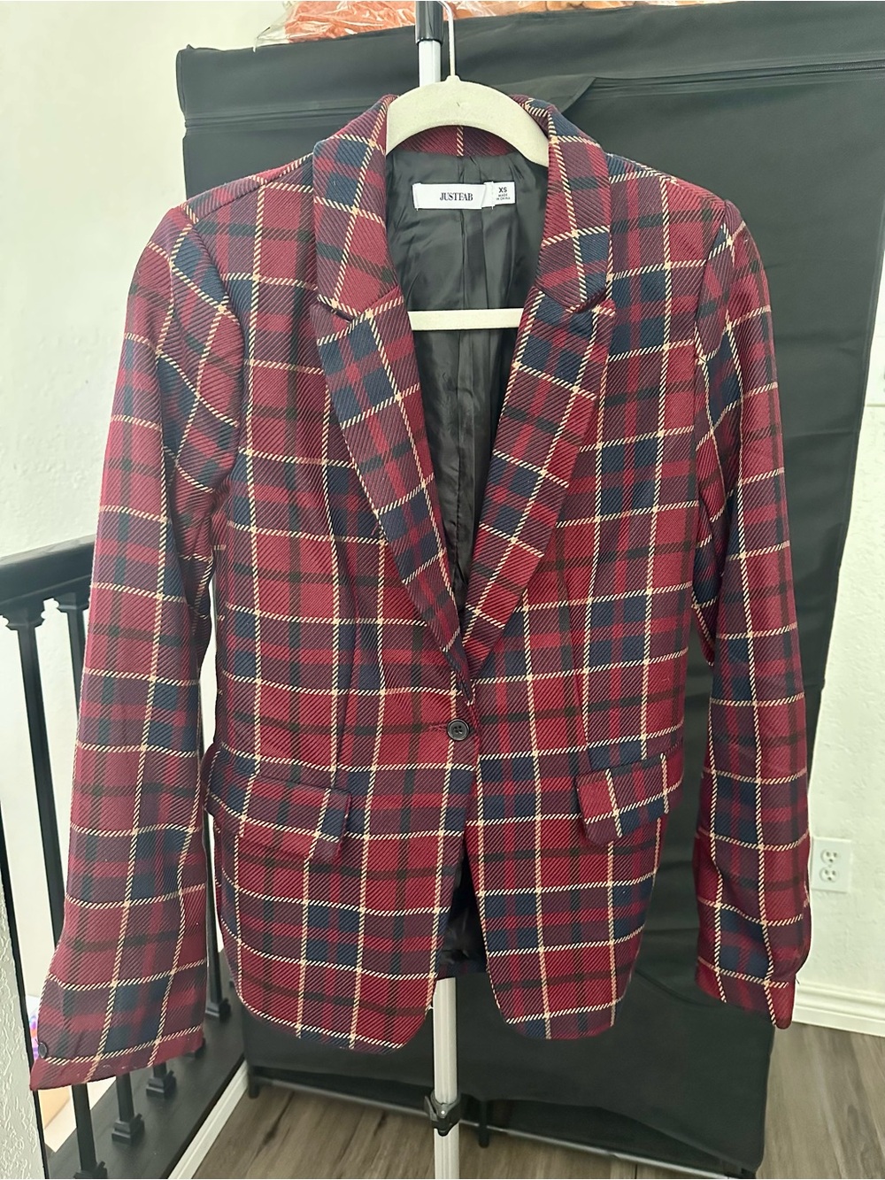 JustFab Red and Navy Plaid Blazer